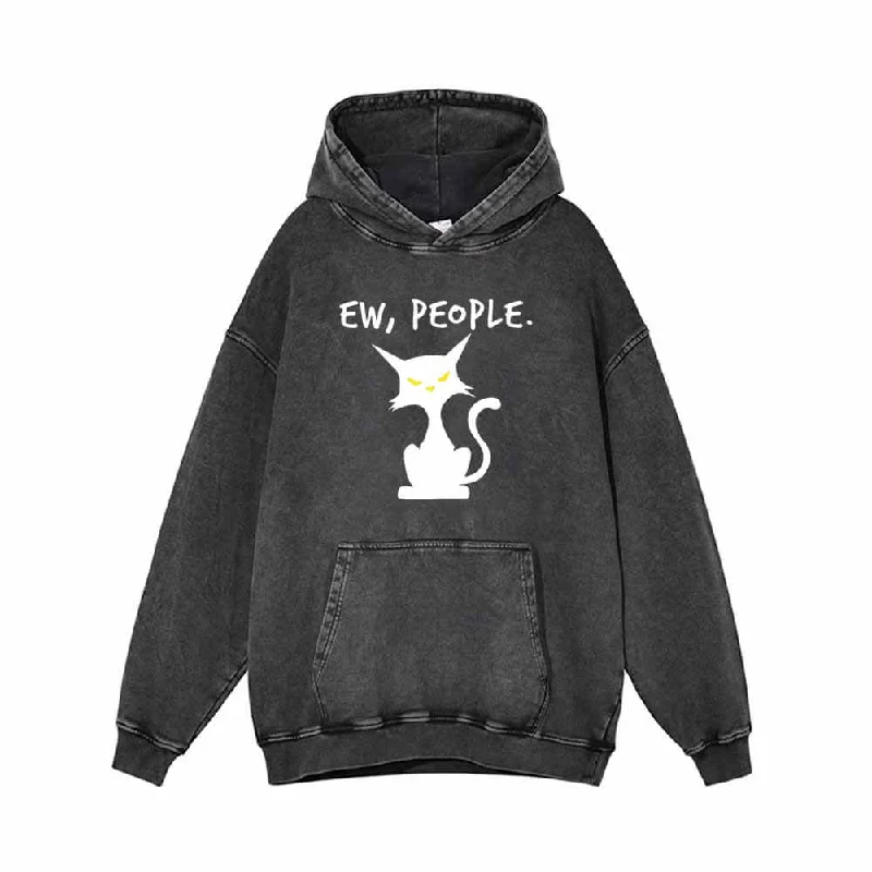 Ew People Black Cat Vintage Washed Hoodie Hoodie with Contrast Stitching Detailed Premium