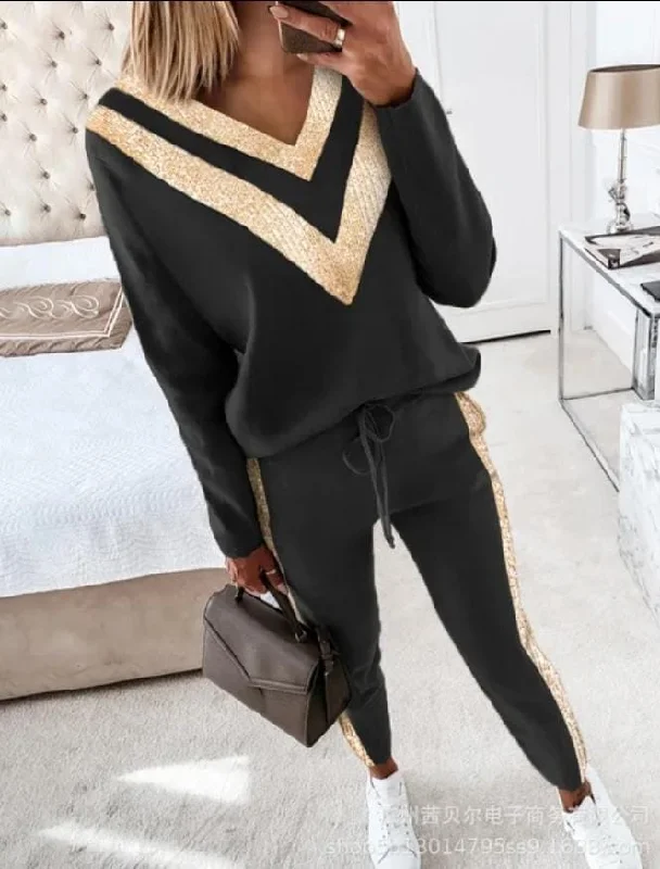 Contrast Piping Top & Drawstring Pants Set Women 2pcs M 29708 Trendy Printed Pants