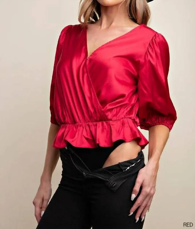 Satin Bodysuit Top In Red Elegant Button-Up Bodysuit
