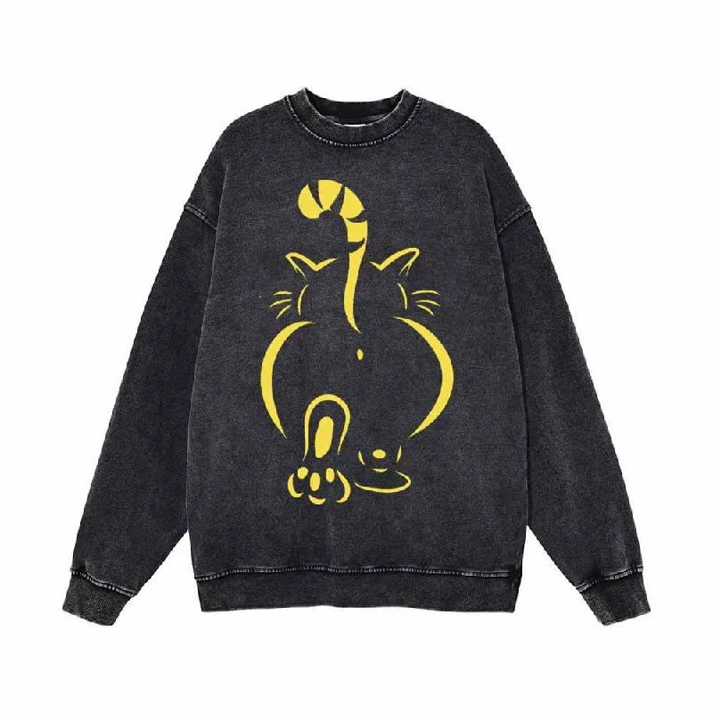 Ass Of A Fat Cat With Tail Up Vintage Washed Sweatshirt Hoodie with Ribbed Cuffs Snug Fit Comfort