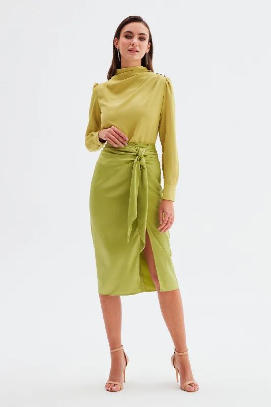 Tied Satin Skirt - Olive corduroy skirt cozy