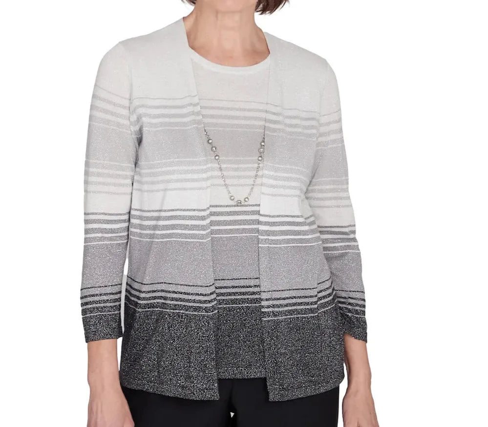 OMBRE TWO IN ONE STRIPED SWEATER - SILVER Graphic Sweater Embroidered Appliqued