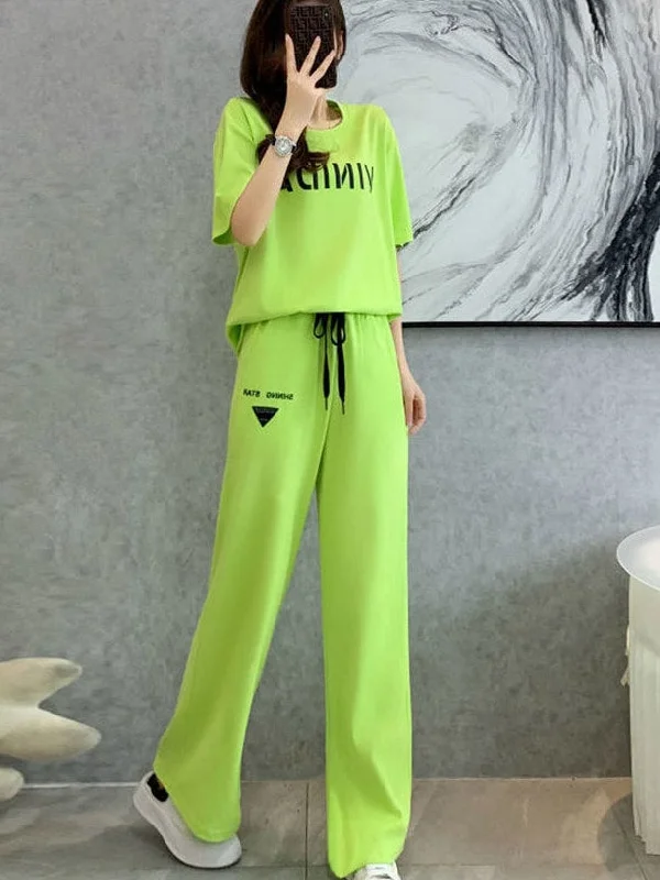 2 Pcs Women's Short Sleeve Solid Color Pants Set S 418202 Elegant Dress Pants