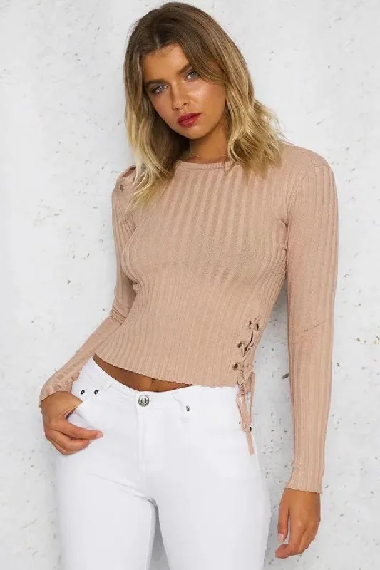 CROPPED LACE-UP ONE SHOULDER, ONE SIDE SWEATER Ribbed Striped Patterned