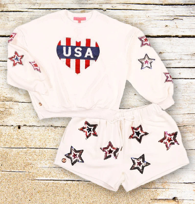 Simply Southern USA Sequin Short and Sweater Set - Shine Bright in Patriotic Style! Cable Knit Ribbed Knit Lace Knit
