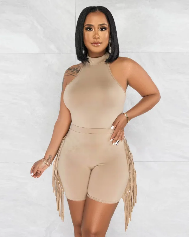 Women'S Fashion Sports Halter Neck Top Bodysuit Tassel Shorts Two-Piece Set Comfortable Full-Sleeve Bodysuit