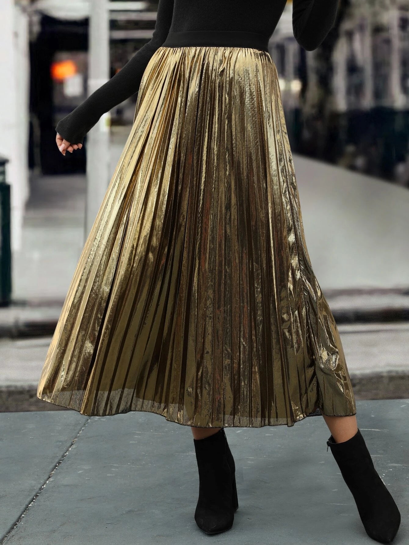 Trendy Shiny Satin Pleated Midi Skirt -Gold leather skirt refined