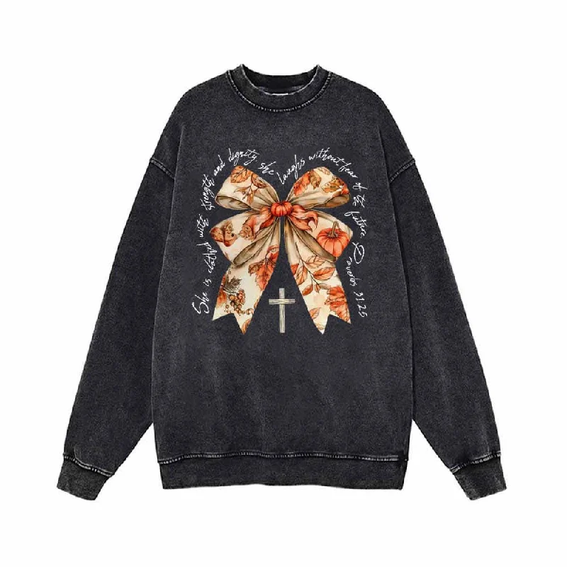 Autumn Pumpkin Cross Bow Vintage Washed Sweatshirt Hoodie with Stripes Bold Sporty