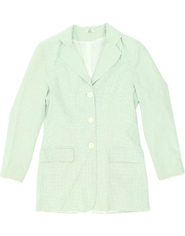 VINTAGE Womens 2 Button Blazer Jacket UK 10 Small Green Check Zippered Front Buttoned Front Snap Front