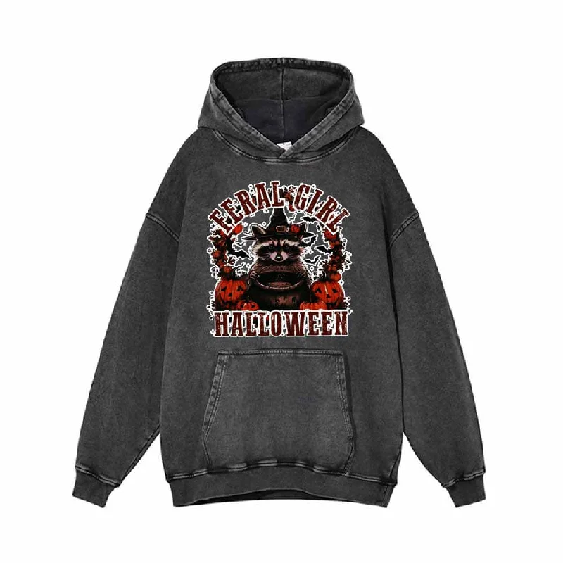Feral Girl Raccoon Vintage Washed Hoodie Sweatshirt Hoodie with Snap Buttons Easy Quick
