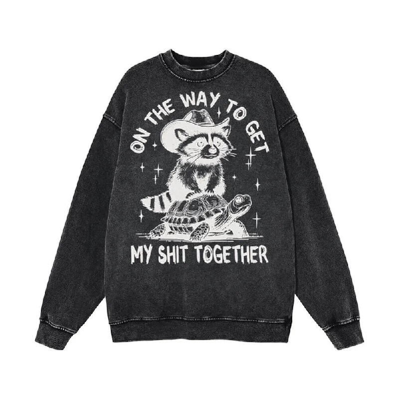 On The Way To Get Raccoon and Turtle Vintage Washed Sweatshirt Hoodie with Gradient Ombre Colorful