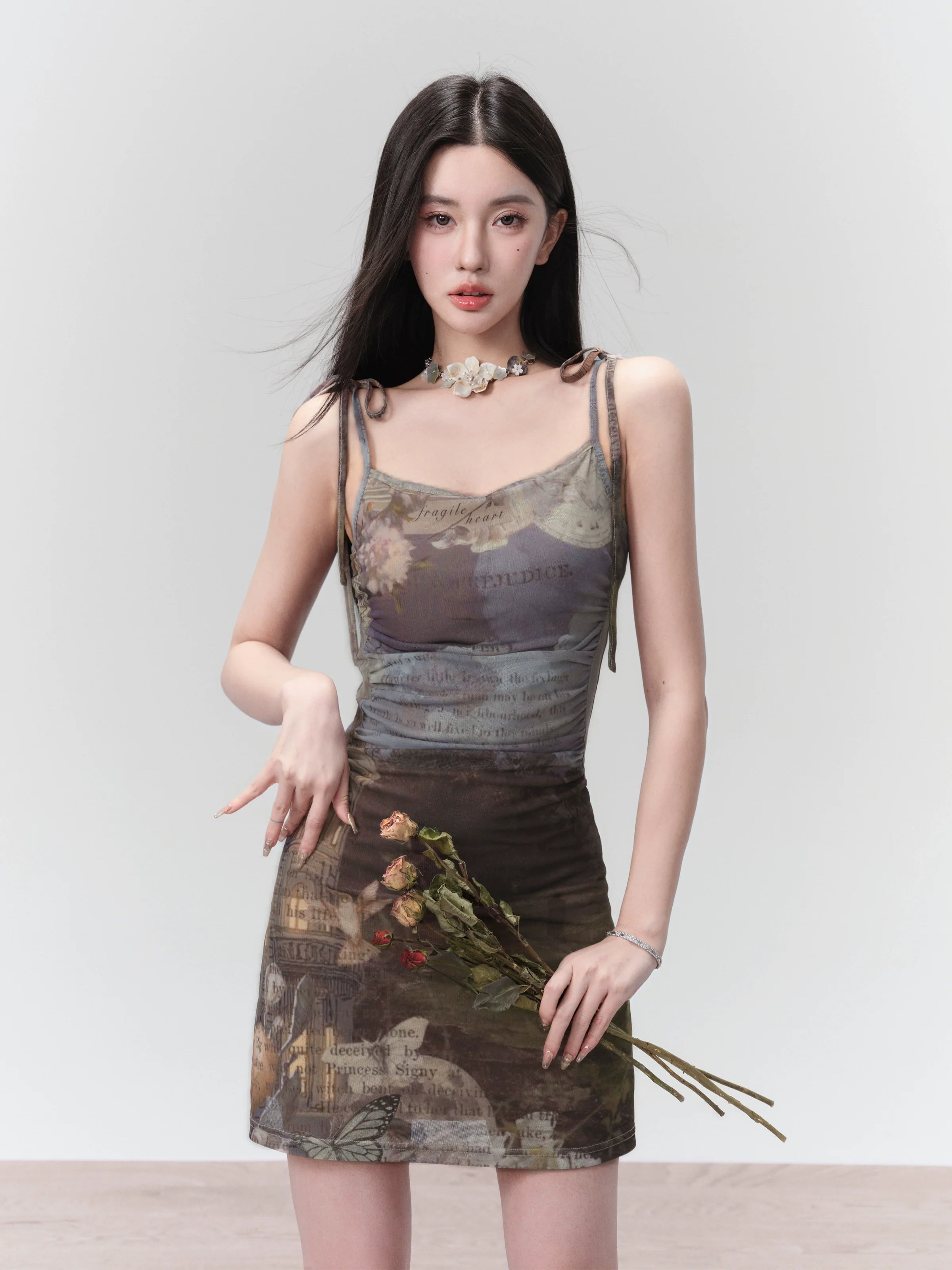 Ethereal Landscapes Slip Dress: Abstract Watercolor Print Mini with Tie Straps Tunics Bridal satin