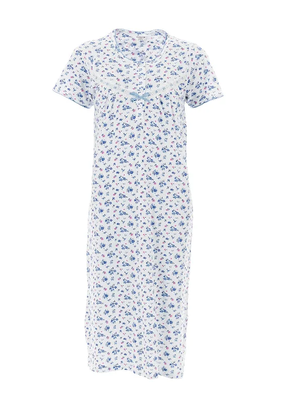 Marlon Floral Short Sleeve Jersey Nightdress, White & Blue Tunics Wedding white