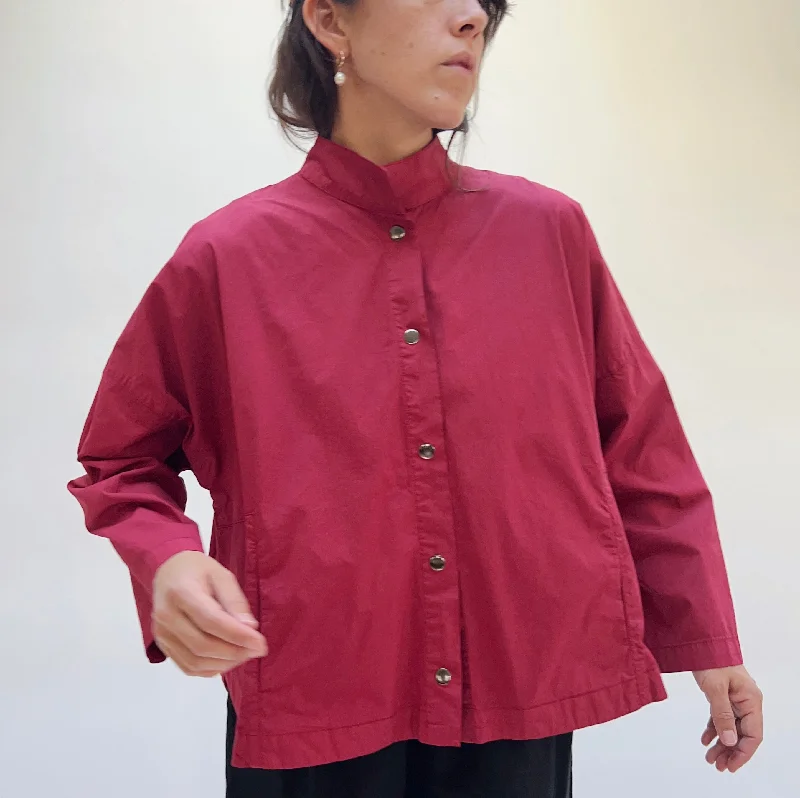 Eleven Stitch | Stand Collar Jacket in Cranberry Satin Fabric Silk Fabric Chiffon Fabric