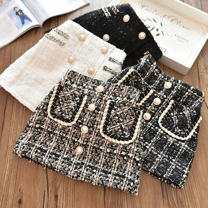 Girls woolen Plaid new half skirt floral skirt print
