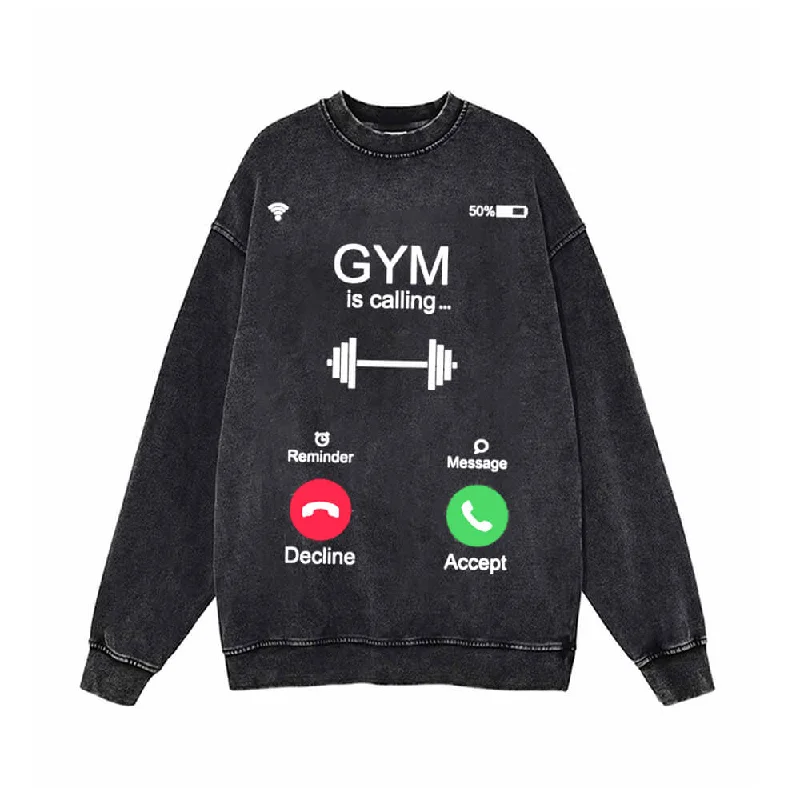Gym Is Calling You Vintage Washed Sweatshirt Hoodie with Elastic Waist Stretchable Comfortable
