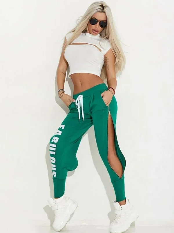 Letter Print Boned Tees and Side Split Pants Cool Girl Suits M 91297 Slim-Fit Leggings