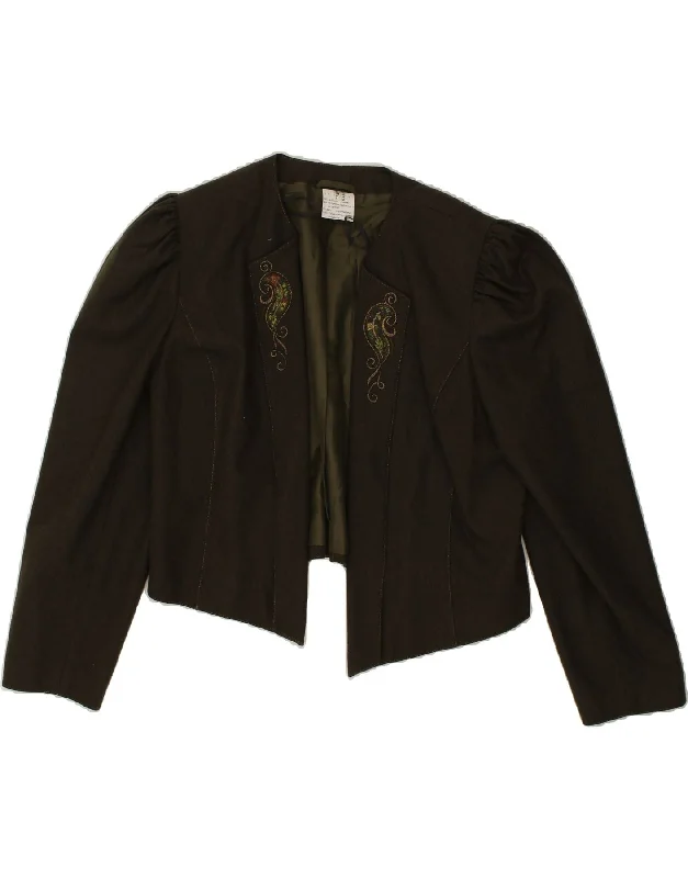 VINTAGE Womens Bolero Jacket UK 20 2XL Khaki Paisley Wool Belted Jacket Elasticated Jacket Padded Jacket