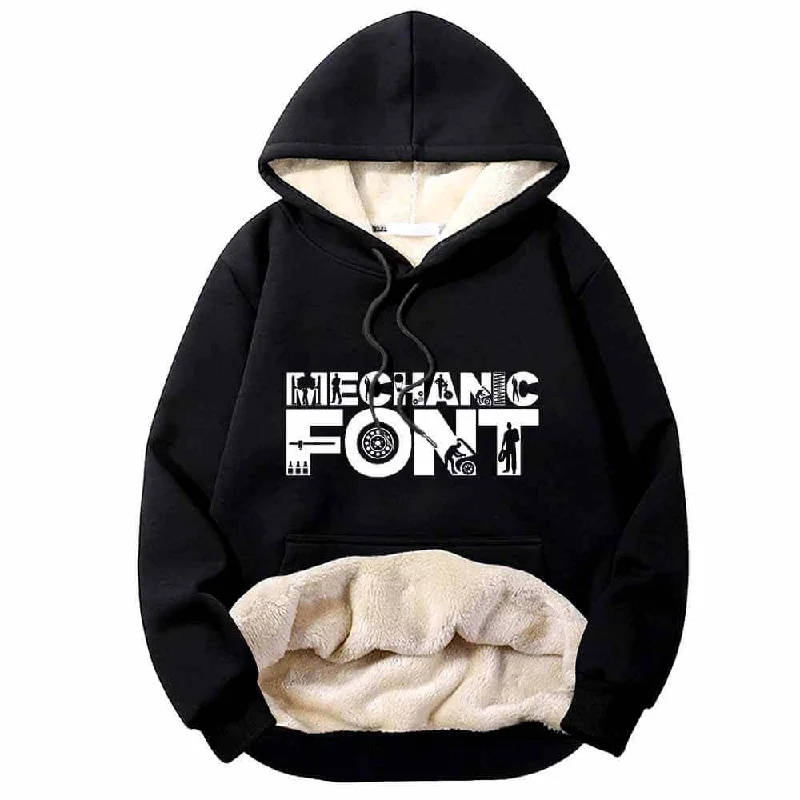 Mechanic Font Wrench Warm Fleece Sherpa Lined Hoodie Hoodie with Exposed Zipper Edgy Industrial