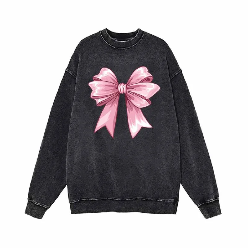 Pink Fluffy Bow Vintage Washed Sweatshirt Hoodie with Hem Elastic Stretchable Comfortable