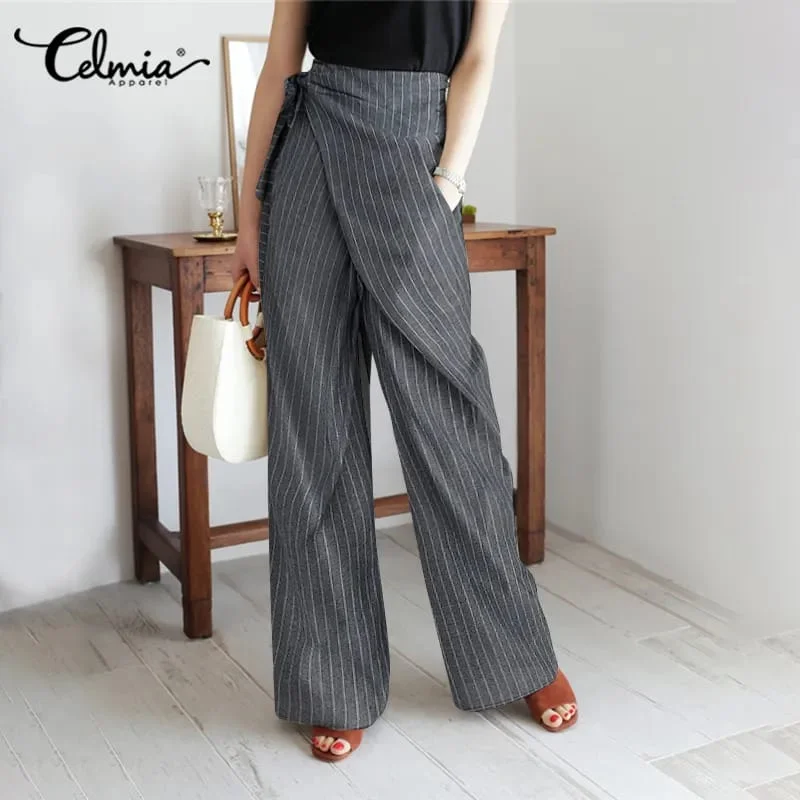 Celmia Women's Wide Leg Cotton Palazzo Pants High Waist Belted Pants Striped Pants 3XL S2390822 Trendy Work Pants
