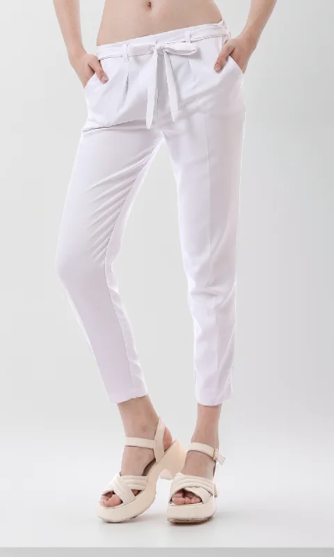 O169445 Slip On White Classic Pants With Belt Slim Fit Casual Pants