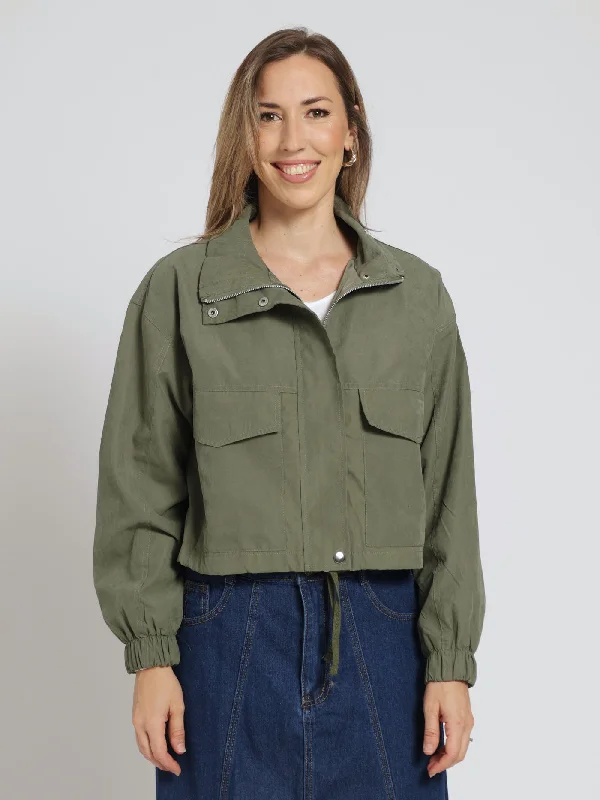Long Sleeve Weight Funnel Neck Crop Utility Jacket - Light Fatigue Nylon Jacket Polyester Jacket Spandex Jacket