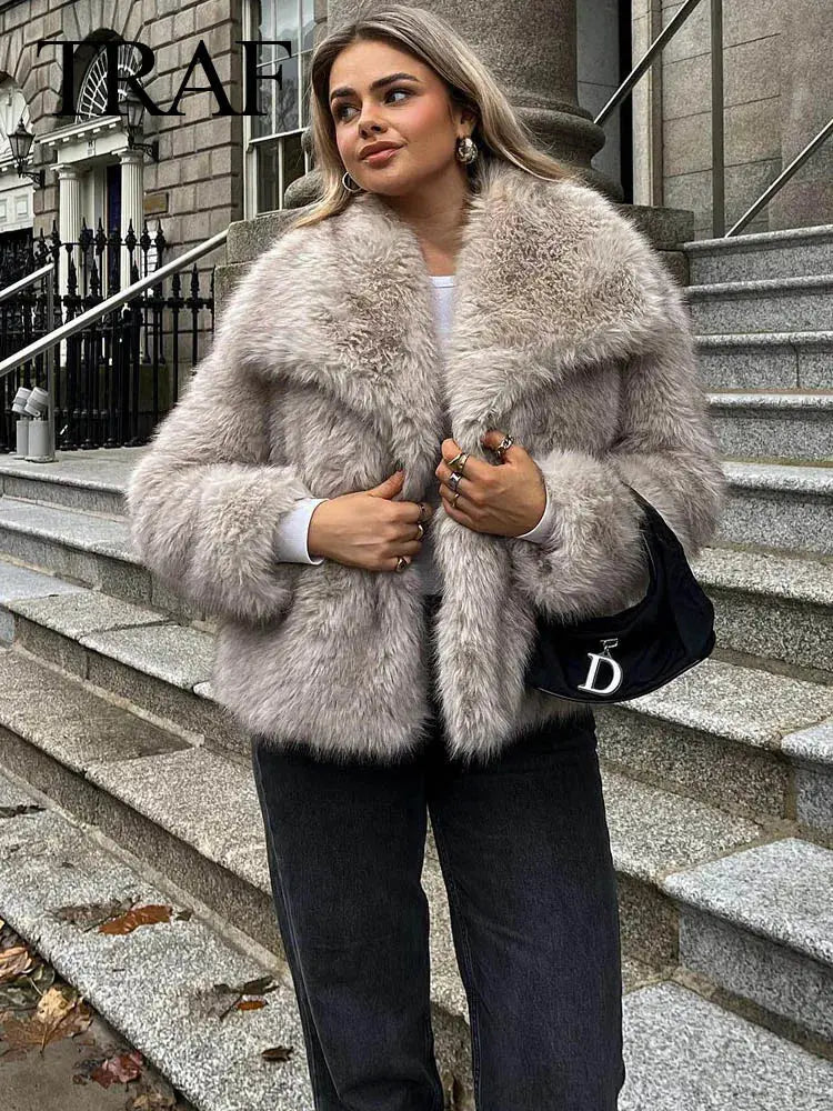Women Fashion Cropped Faux Fur Jacket Coat Hoodie Zip-Up Jacket Button-Up Jacket