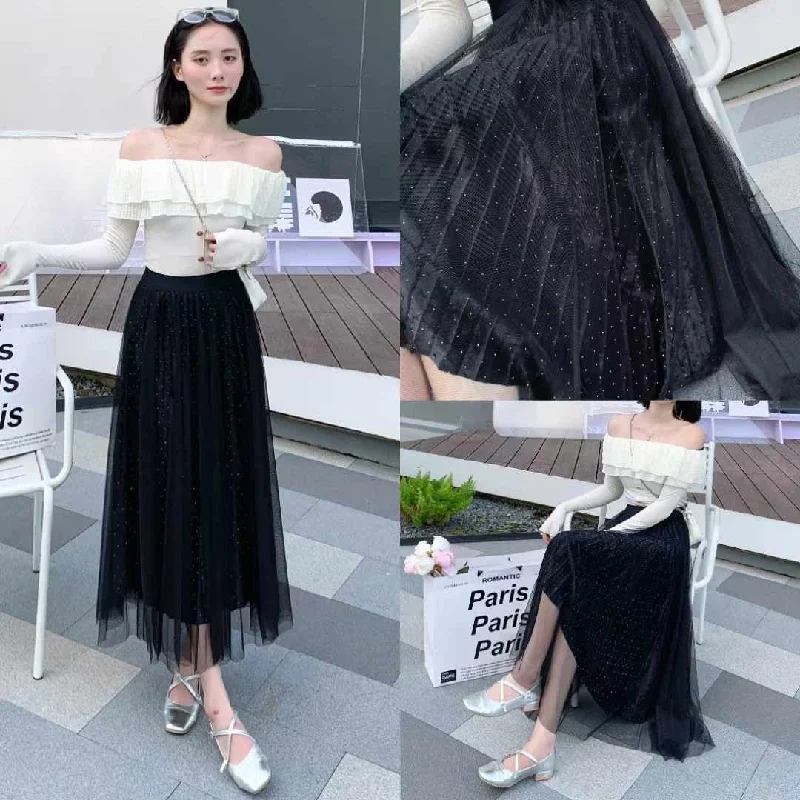 Pleated Tulle Midi Skirt with Velvet Lining - Black velvet skirt glossy