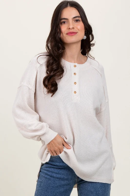 Cream Oversized Ribbed Knit Henley Sweater Houndstooth Herringbone Solid