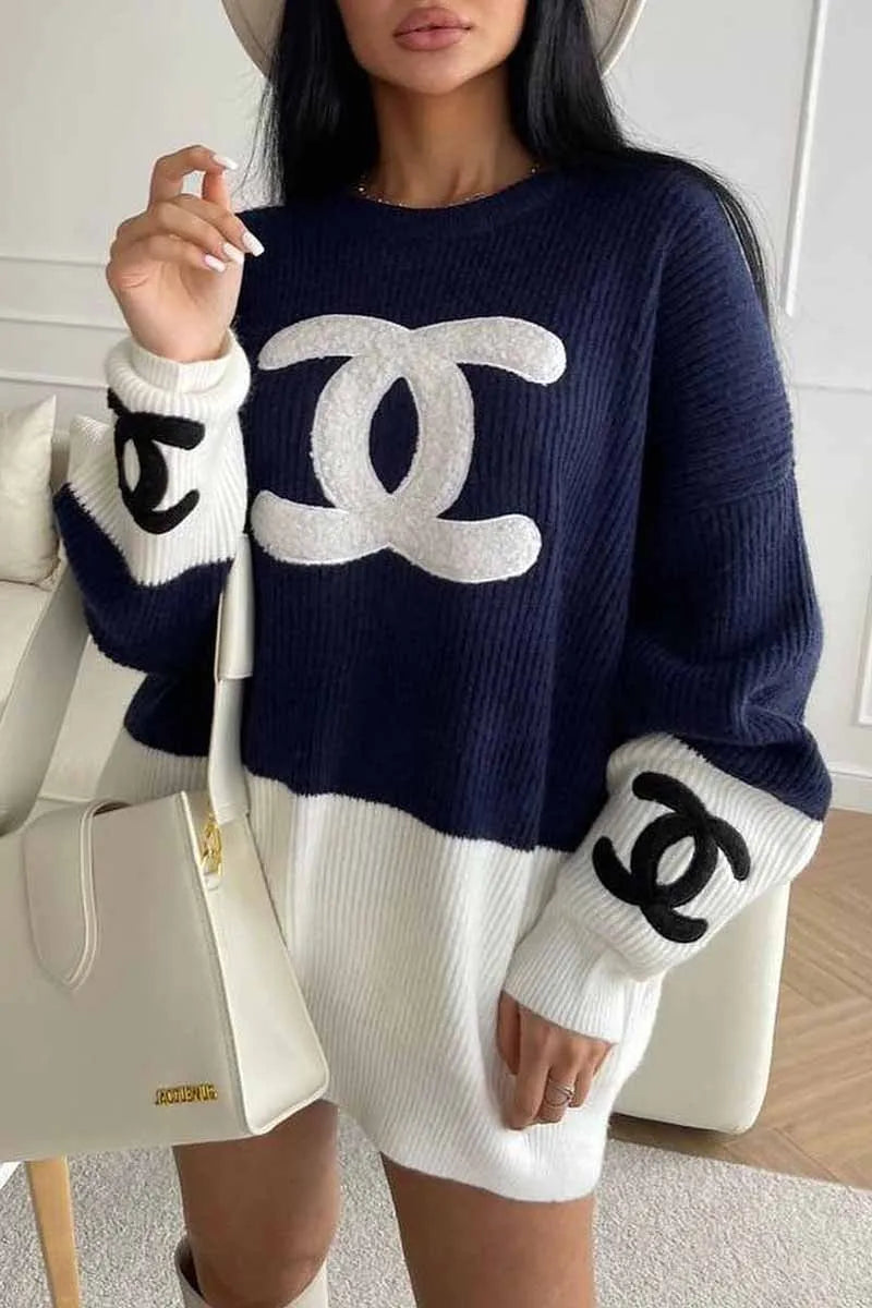 Cozy Oversized Navy/White/Black Sweater Faux Fur Fabric Real Fur Fabric Shearling Fabric