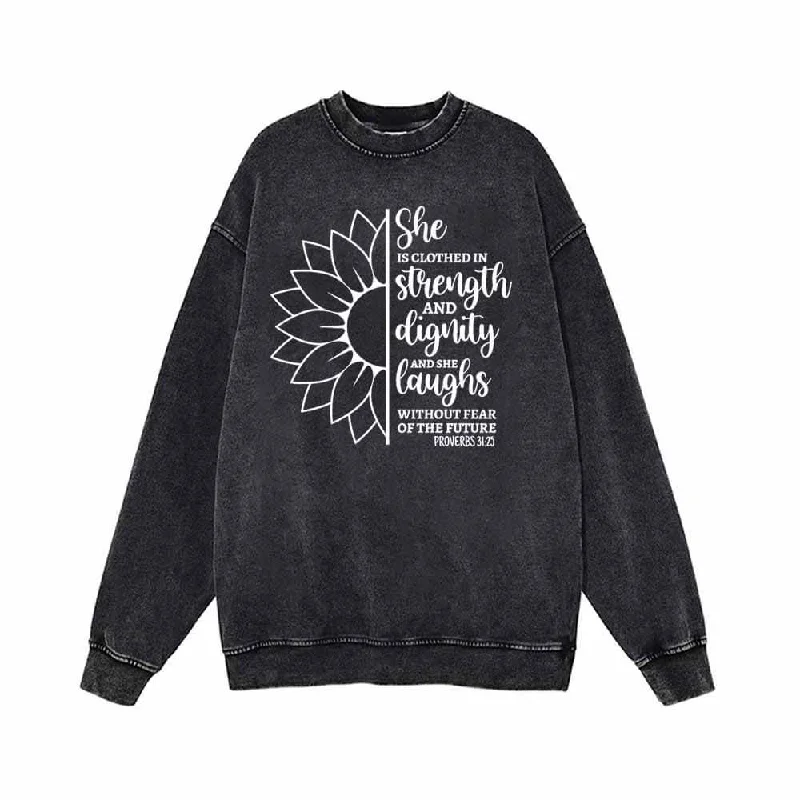 She Is Clothed In Strength Sun Flower Vintage Washed Sweatshirt Hoodie with Metallic Shiny Futuristic