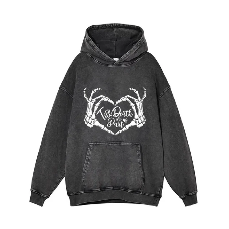 Till Death To Part Us Bone Heart Vintage Vintage Washed Hoodie Hoodie with Velcro Closure Adjustable Secure