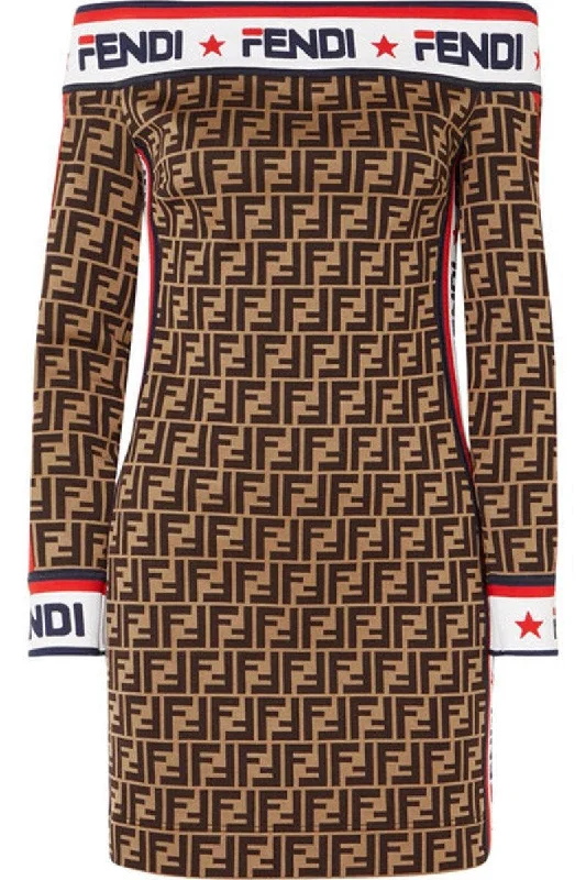 Fendi Mania Logo Cotton Jersey Dress Size L Crew Neckline Sporty