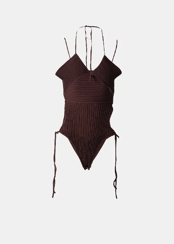 Brown Ribbed Knit Sleeveless Bodysuit Trendy Sleeveless Bodysuit