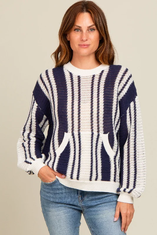 Navy Blue Striped Front Pocket Sweater Jersey Fabric Tulle Fabric Batik Fabric