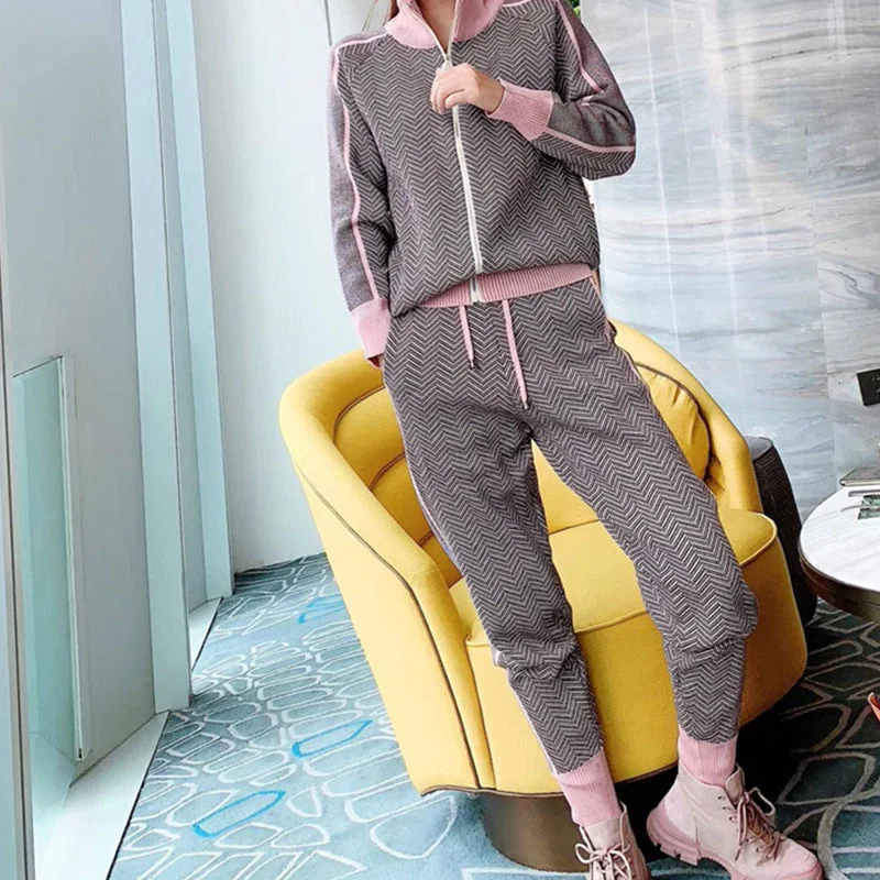 Comfortable and Convenient Women Knitted Long Sleeve Two Piece Autumn Winter Ribbed Printed Fashion Tracksuit Pant Suit Outwear 2XL S4665248 Stylish Casual Pants
