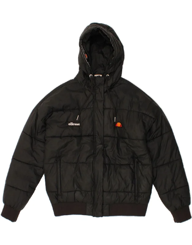 ELLESSE Womens Oversized Hooded Padded Jacket UK 10 Small Black Polyester Print Jacket Jacquard Jacket Embroidered Jacket