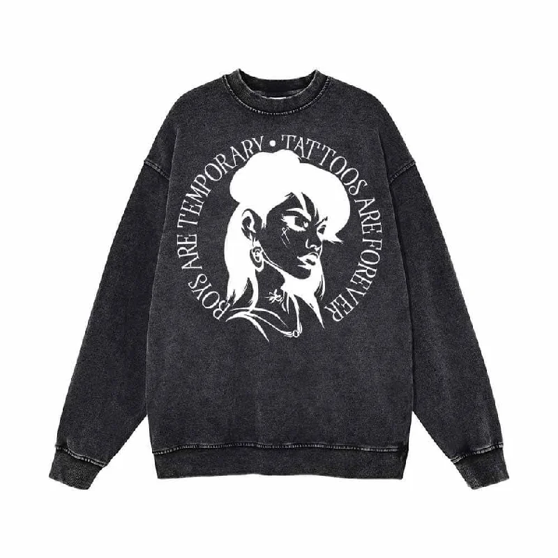 Boys Are Temporary Tattoos Are Forever Vintage Washed Sweatshirt Hoodie with Color Block Contrast Stylish