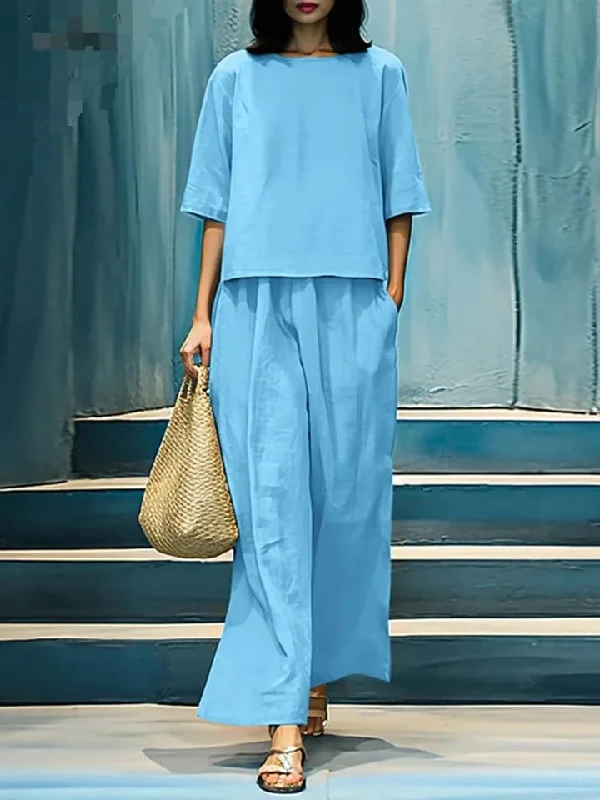 2 Pcs Summer Clothes Women's Outfits O Neck 3/4 Sleeve Wide Pants 5XL B-134204 Comfortable Cargo Pants