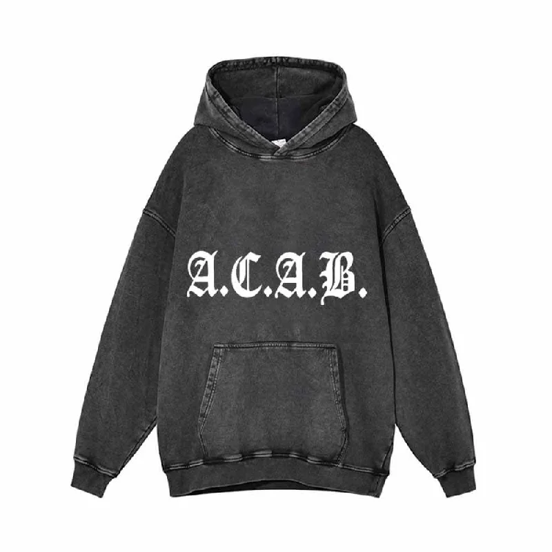 ACAB English Print Vintage Washed Hoodie Hoodie with Hem Patch Decorative Personalized
