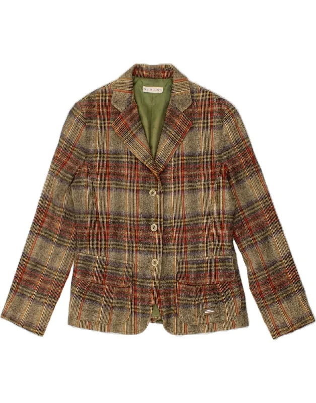 TRUSSARDI Womens 3 Button Blazer Jacket IT 46 Large Beige Check Wool Welt Pockets Slit Pockets Flap Pockets