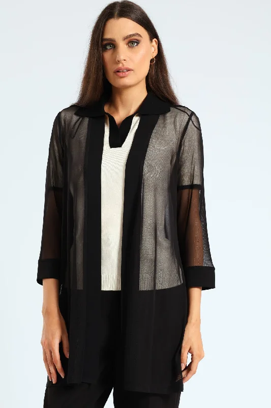 Mesh Throw Jacket - Black Hooded Jacket Caped Jacket Shawl Collar Jacket
