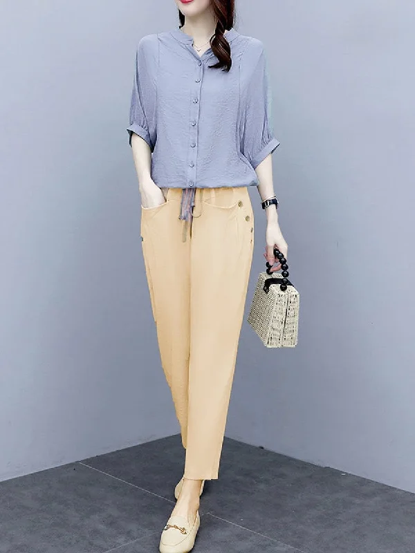 2 Pcs Women's Short Sleeve Solid Color Pants Set M 434357 Casual Track Pants