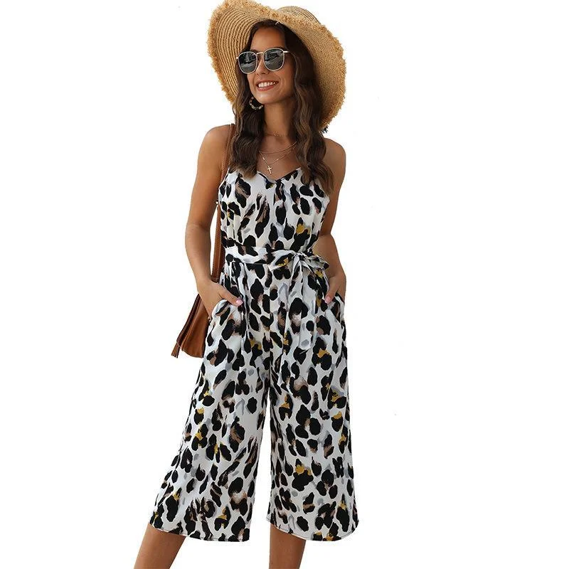 Leopard print sling bodysuit Fashionable Sleeveless Bodysuit with Buttons