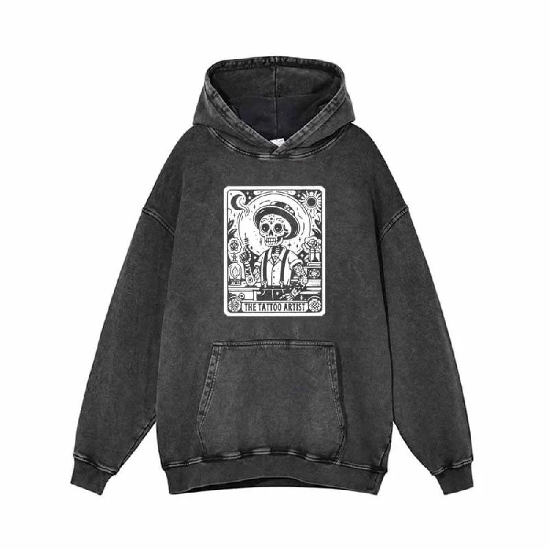 The Skull Tattoo Artist Vintage Washed Hoodie Hoodie with Hem Embroidery Detailed Premium