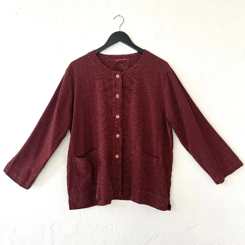 Cut Loose | 3/4 Sleeve Cropped Mini Check Jacket in Cognac Oversized Jacket Tailored Jacket Straight Jacket