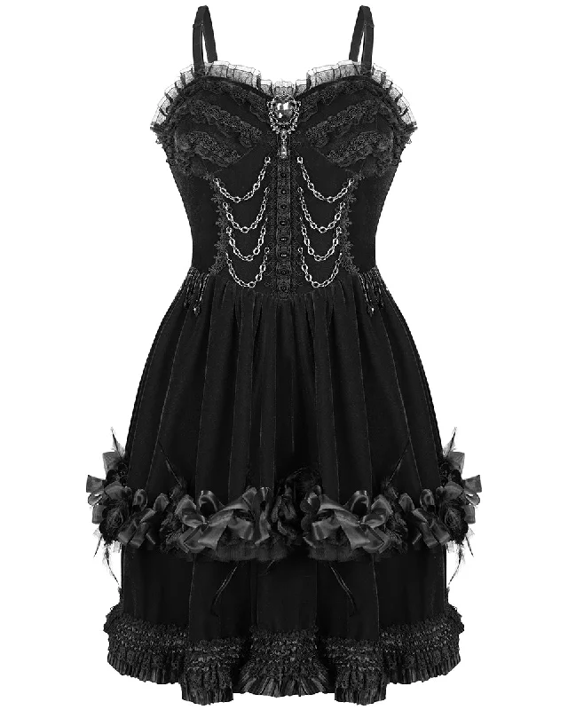 Devil Fashion Womens Dark Gothic Princess Lolita Chained Rose Dress - Black Velvet Tunics Handmade artisanal