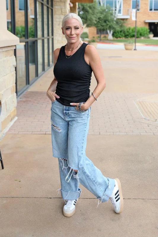 Ruched Side Slim Tank Top: Black modal blend tank