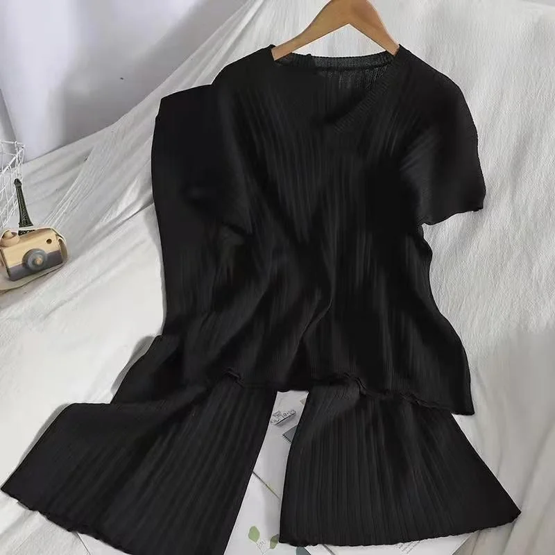 2 Pcs Women's Short Sleeve Solid Color Pants Set 274819 Stretch Fit Pants